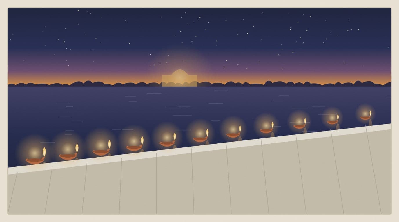 Illustration of small clay oil lamps arranged along the edge of a pool, their flames reflected in dark water