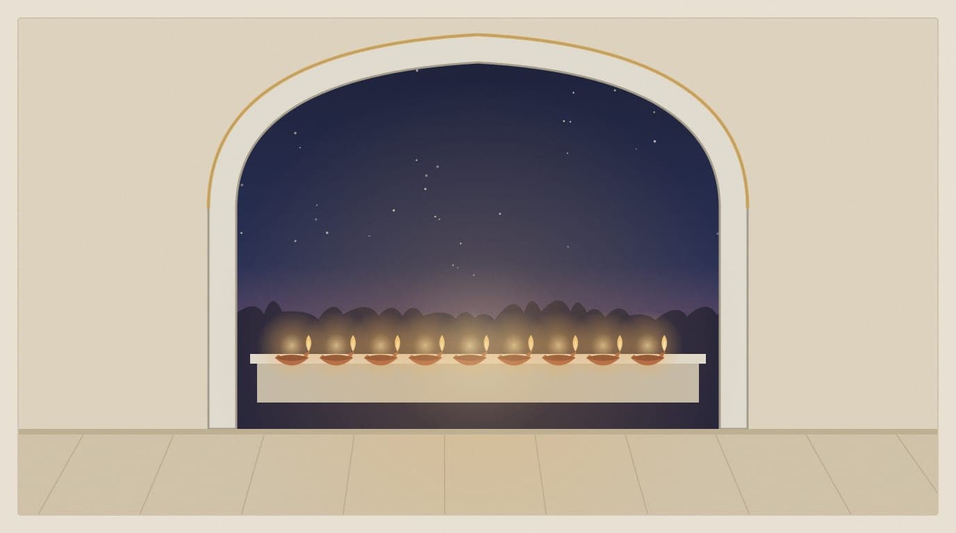 Illustration of a rounded archway framing a row of lit oil lamps on a low wall at night