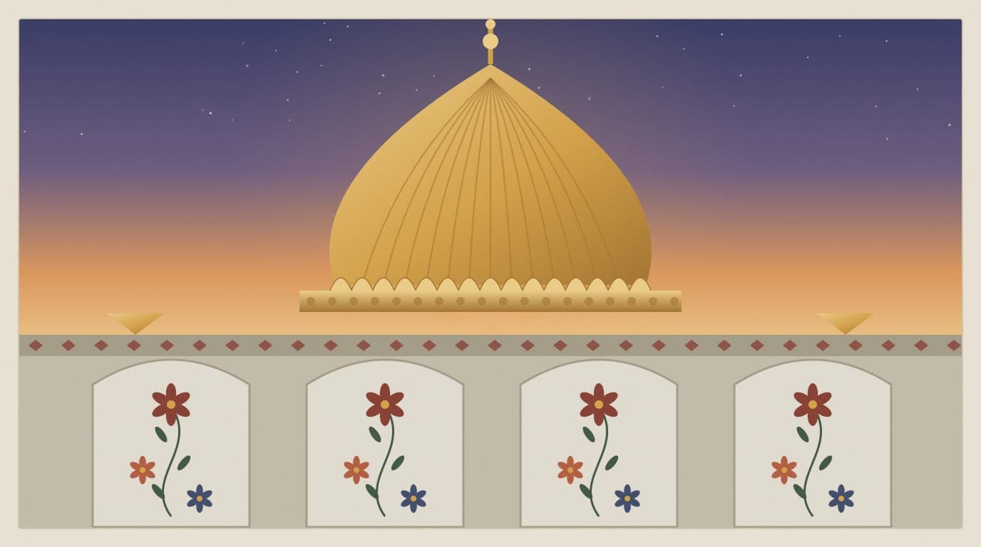 Illustrated architectural study of a fluted gilded dome with lotus motifs above white marble inlaid with floral patterns