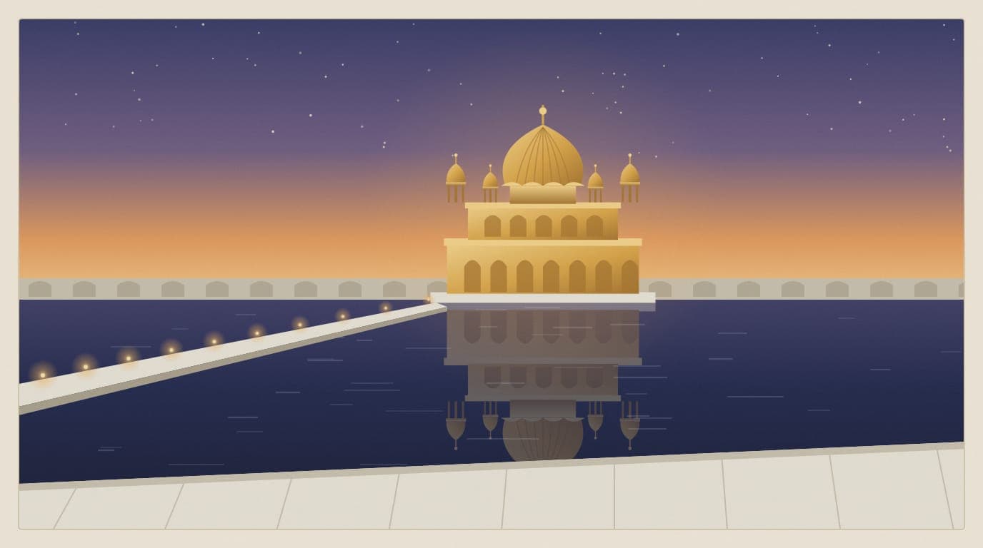 Stylised illustration of a gilded shrine in the middle of a square pool, joined to white marble surroundings by a causeway