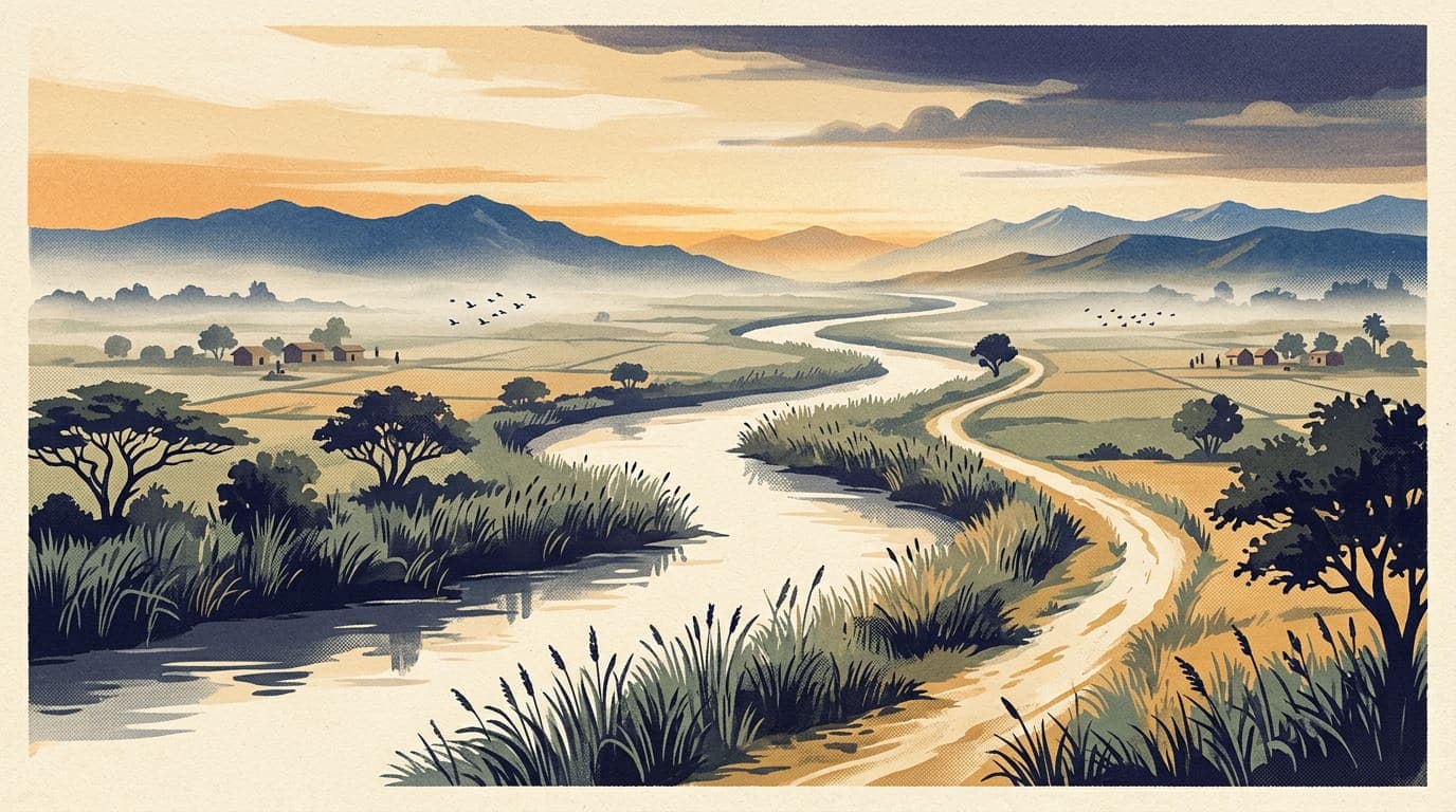 Illustrated landscape of a river winding through the Punjab plains at dawn with a footpath leading towards distant hills