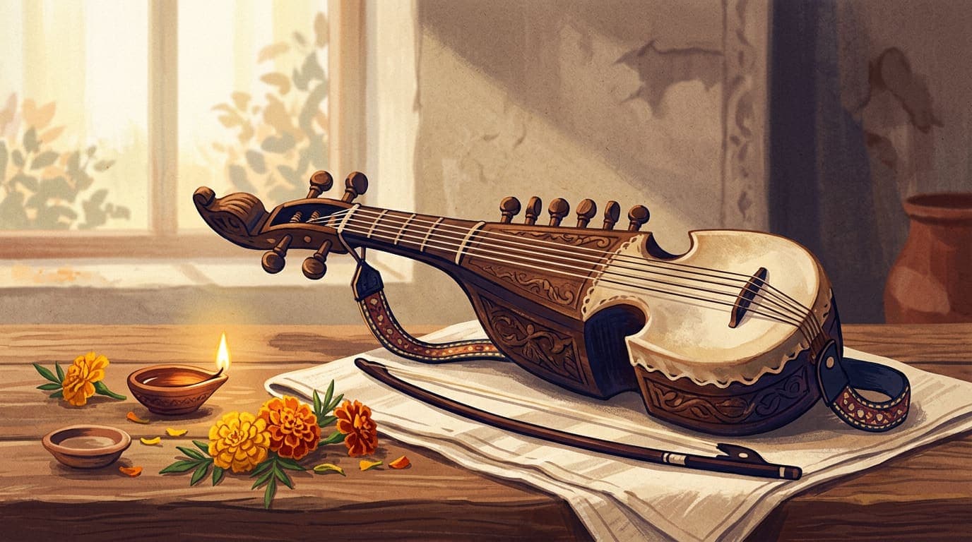 Illustrated still life of a carved wooden rabab resting on a folded cloth beside a small lit oil lamp and marigolds