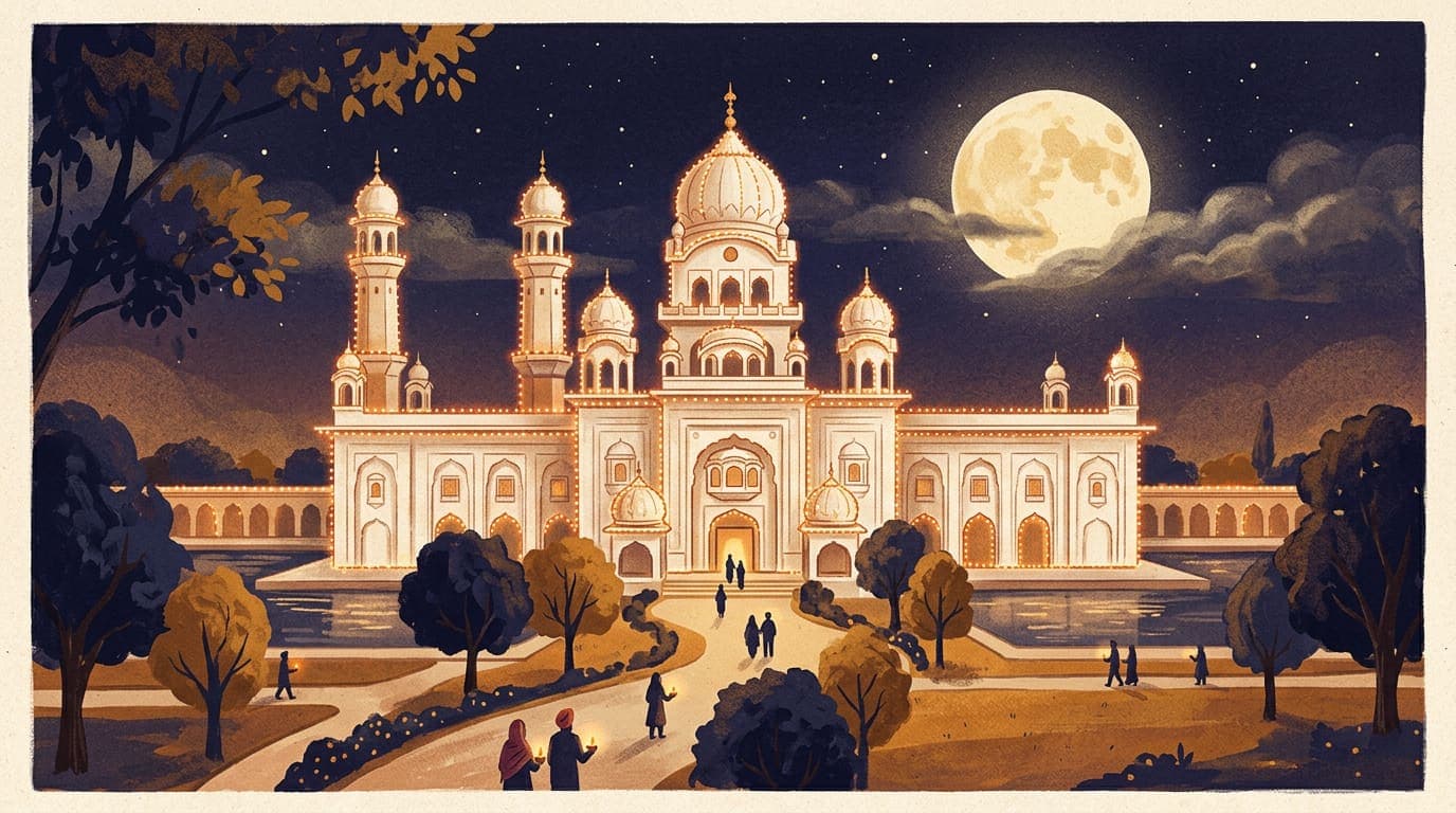 Illustration of a white gurdwara outlined in warm lights under a full moon, with people walking towards it carrying lamps