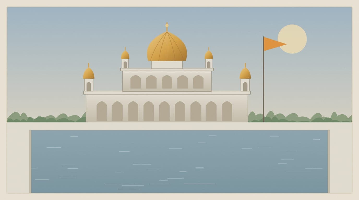 Illustration of a white marble gurdwara with a gilded dome and slender corner kiosks beside a rectangular pool