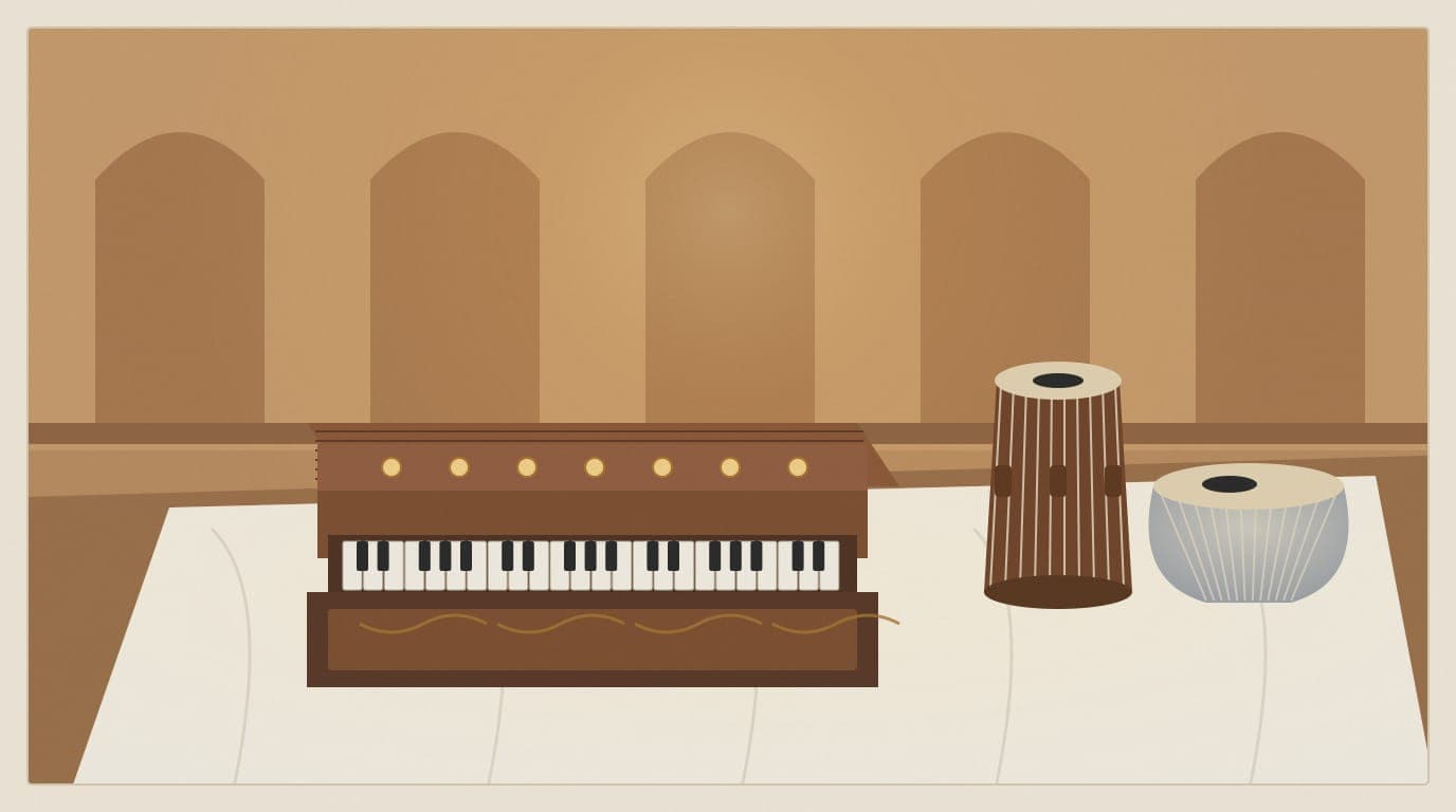 Illustration of a harmonium and a pair of tabla drums resting on a white sheet in a softly lit hall