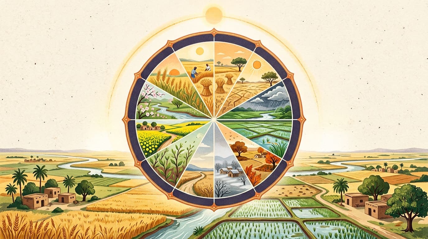 Illustrated year-wheel of twelve seasonal segments floating above the fields of Punjab