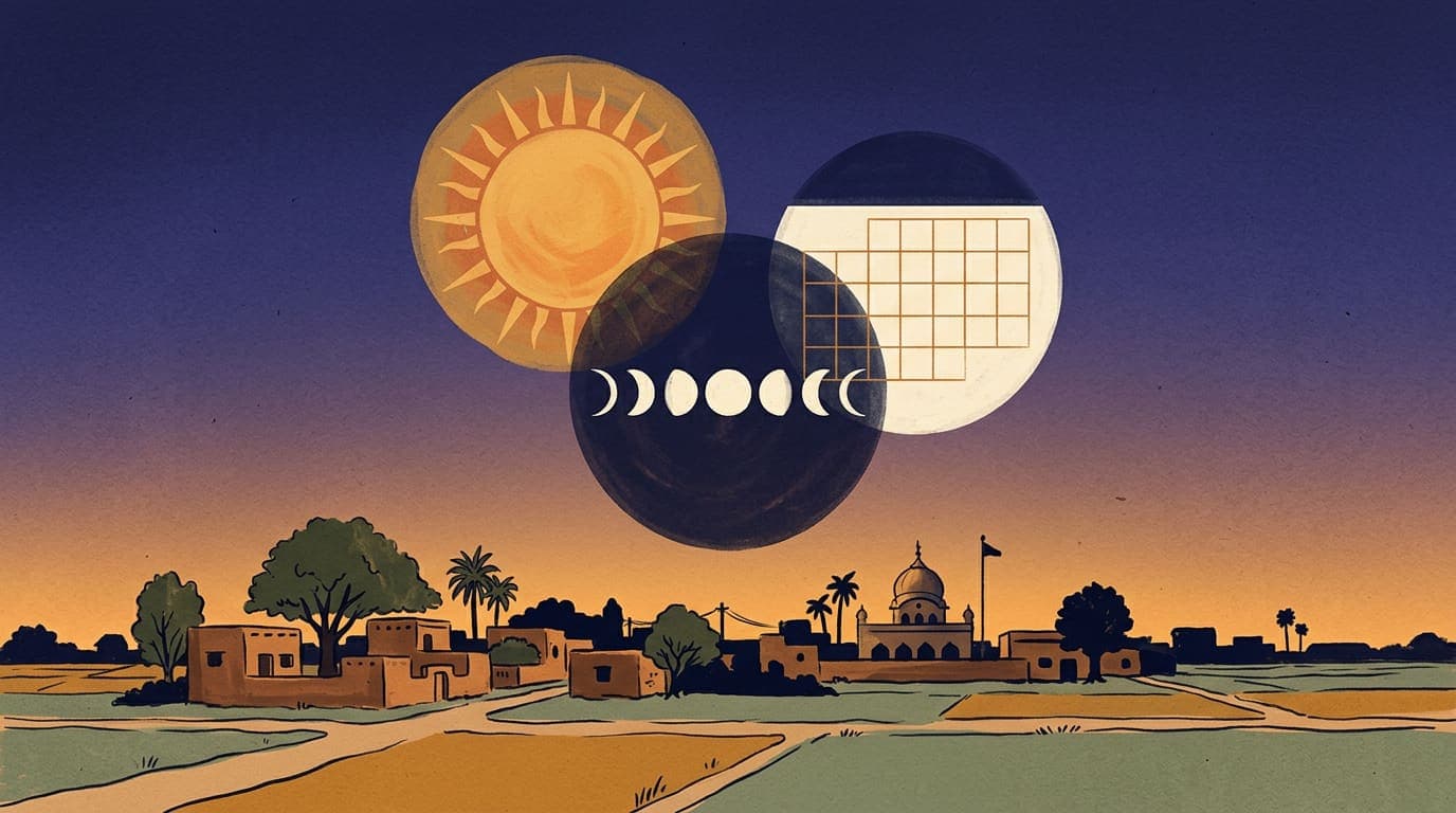 Illustration of a sun, a row of moon phases and a blank calendar grid rising over a Punjabi village at dusk