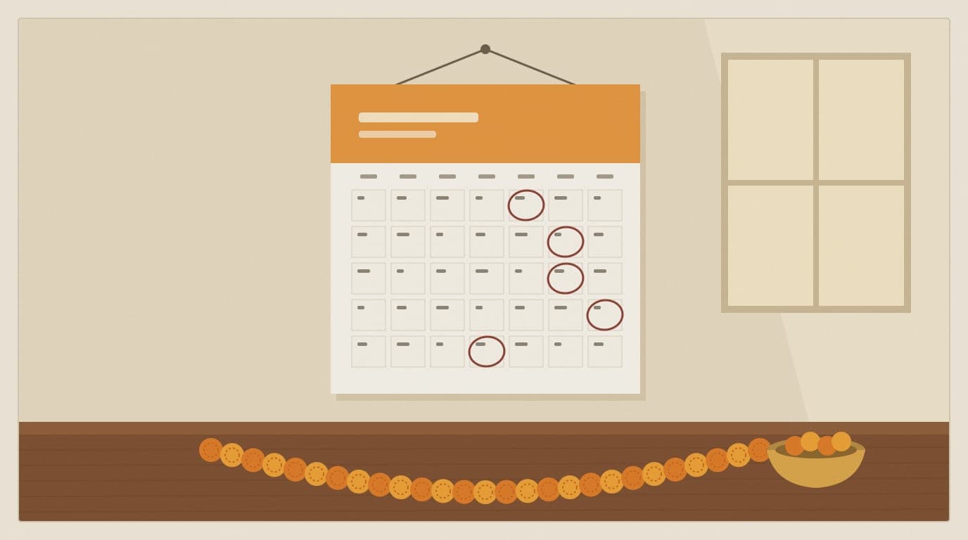 Illustration of a paper wall calendar with several dates circled, hanging above a small table with a garland of orange marigolds