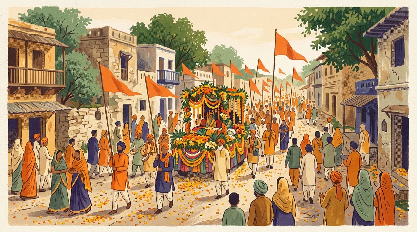 Illustration of a flower-decorated float moving along a town street with saffron flags and a crowd in saffron and blue head coverings