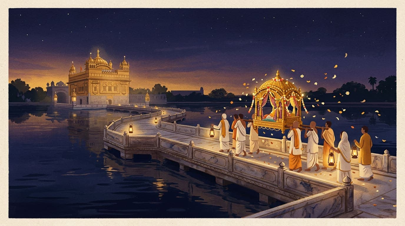 Illustration of devotees carrying a small golden palanquin along a marble causeway over dark water before dawn, lanterns glowing