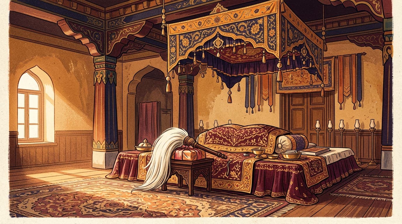 Illustration of a serene prayer hall with an embroidered canopy above a raised platform draped in maroon and gold cloths, a ceremonial whisk resting beside it
