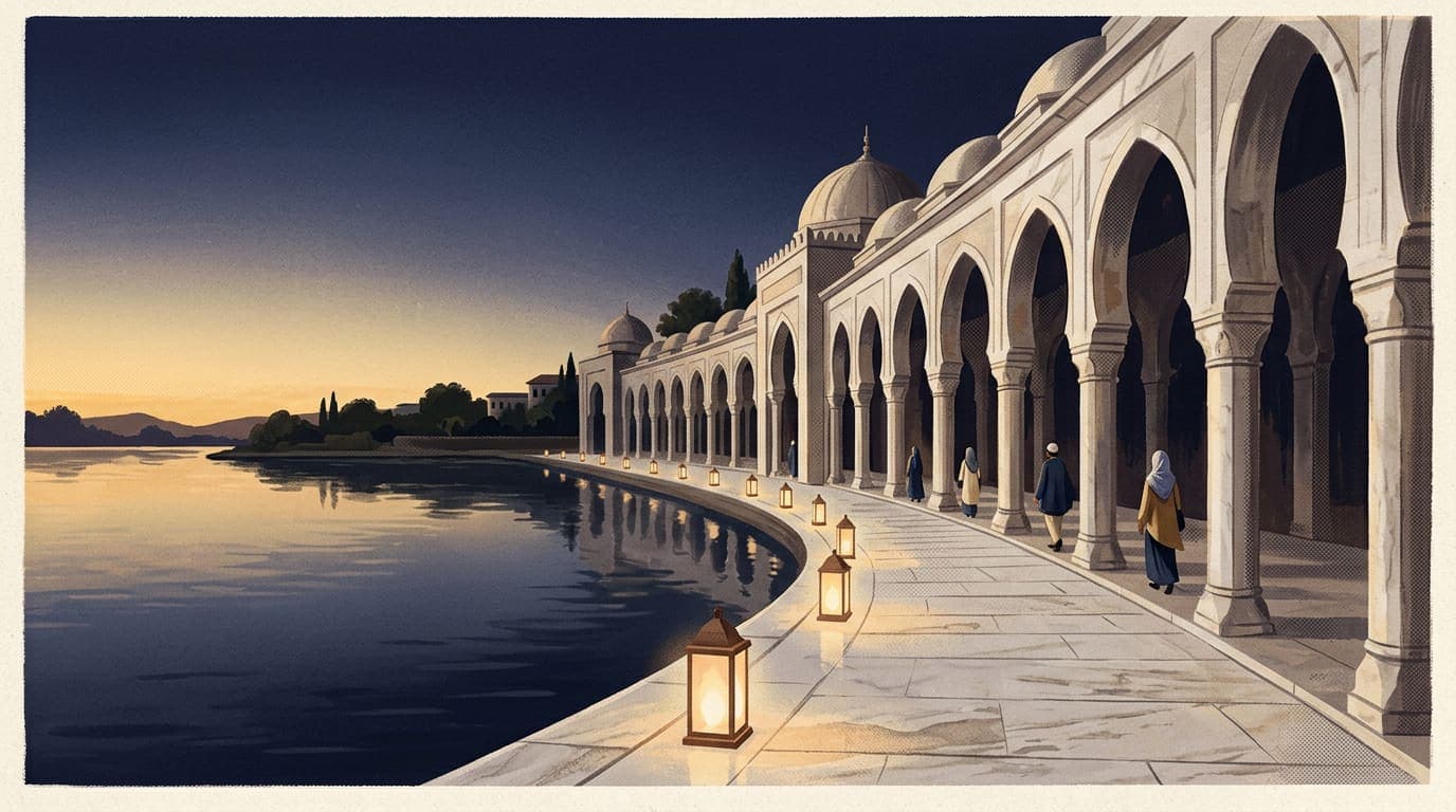 Illustration of a white marble colonnade beside still water before dawn, with glowing lanterns and a few distant figures walking